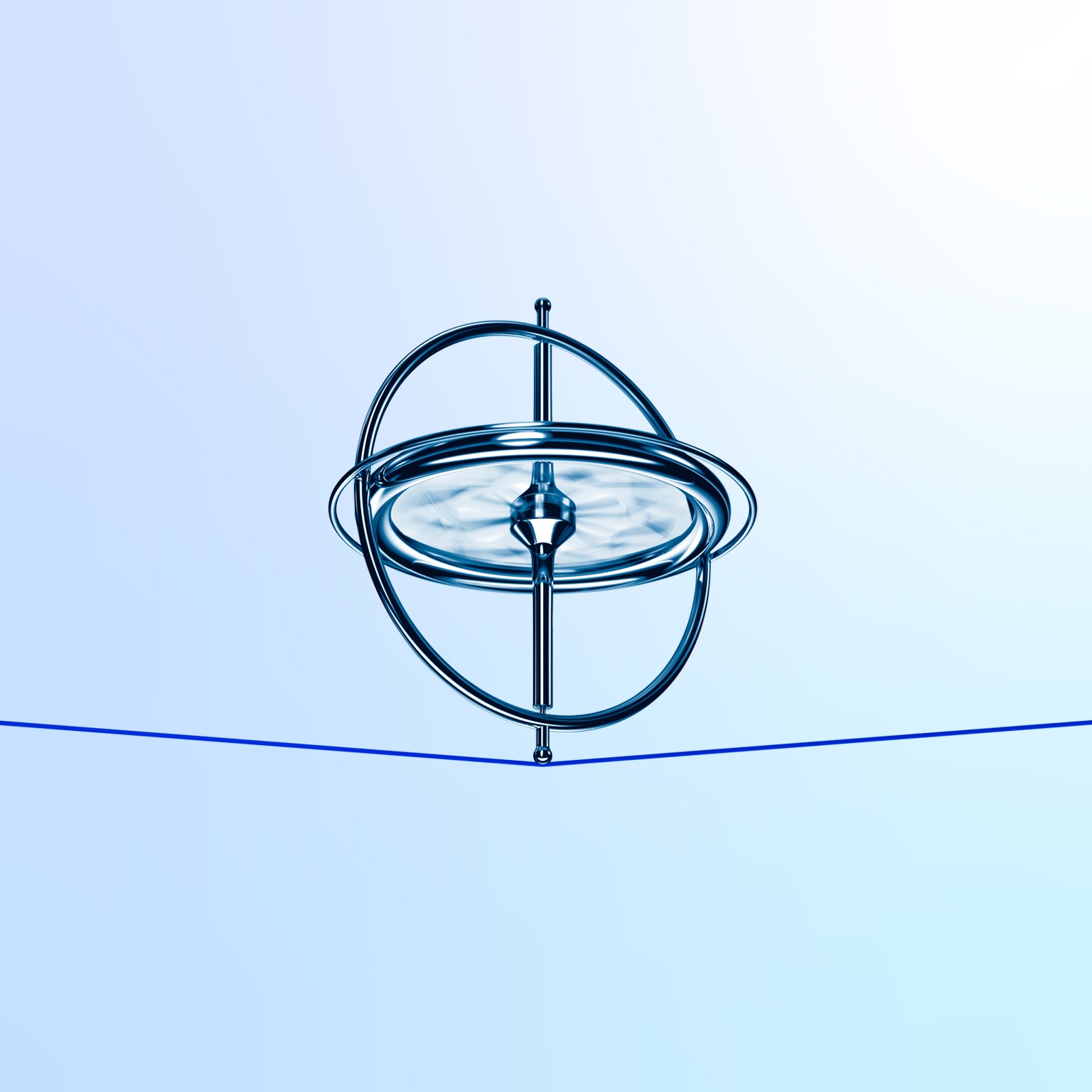 A metallic gyroscope spins on a thin red tread which bends slightly from the weight. The scene is set against a soft blue and white gradient background.