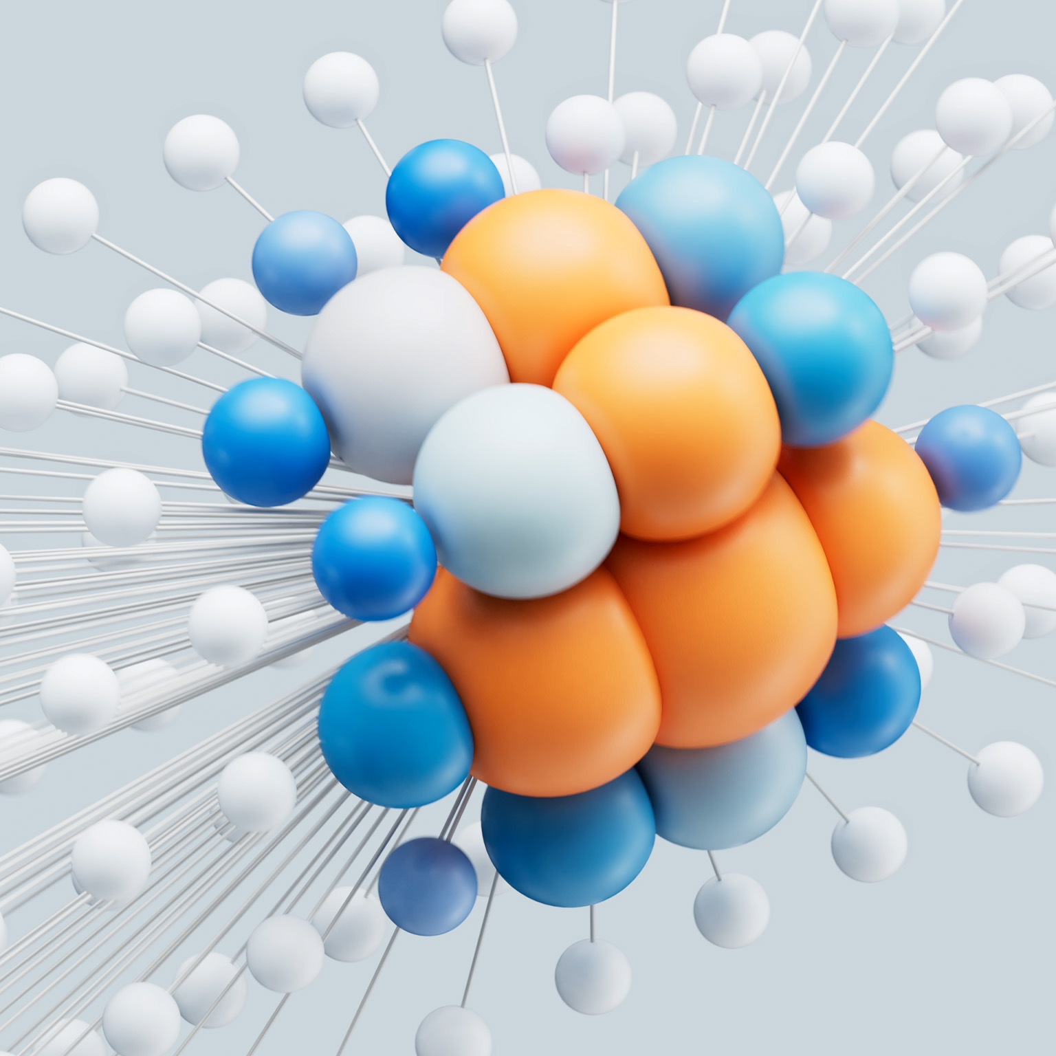 A complex moving arrangement of blue, orange, and white spheres connected in a circular formation, with slender lines stretching from a central point, reminiscent of a sophisticated molecular network. As the center point shifts, the spheres near its core expand.