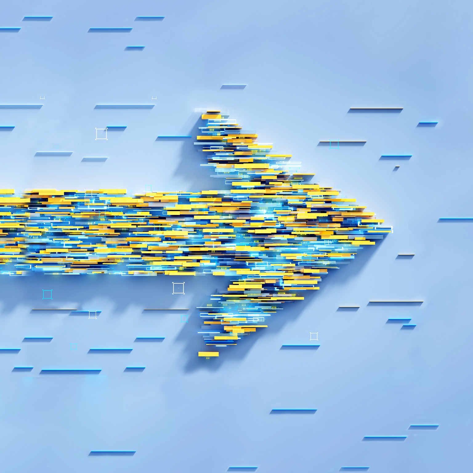 Abstract 3D image of numerous rectangles coming together to form an arrow.