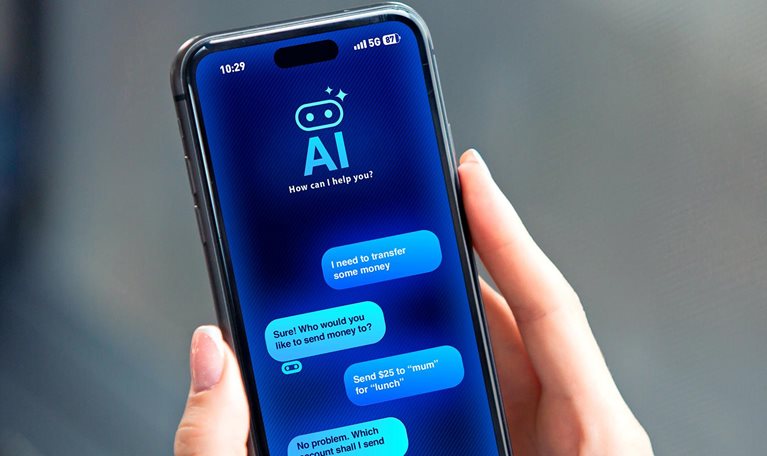 Image alt text: Young Woman Using AI Chat-bot Assistant on Smartphone