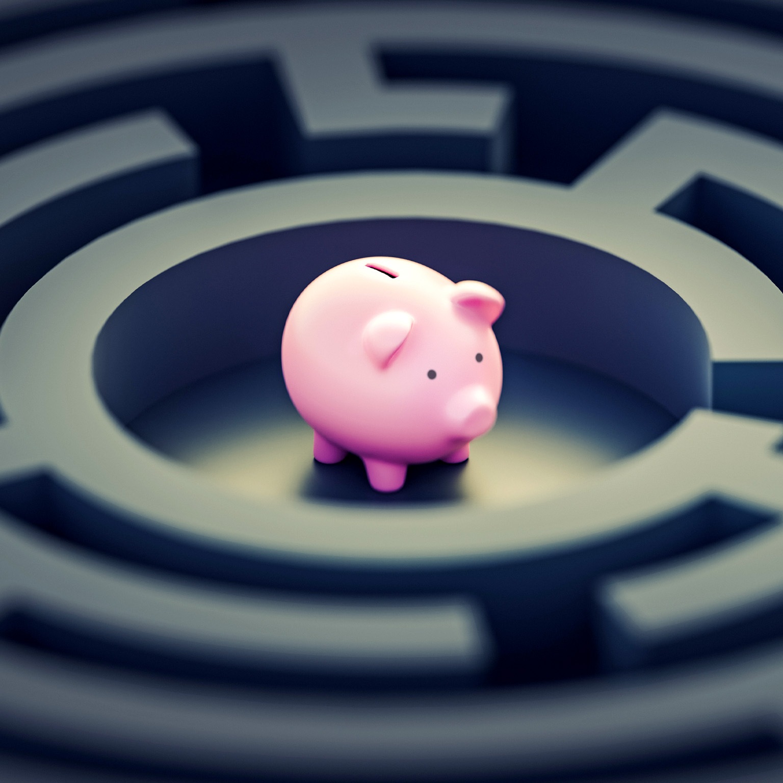 A pink piggy bank at the center of a gloomy gray maze.