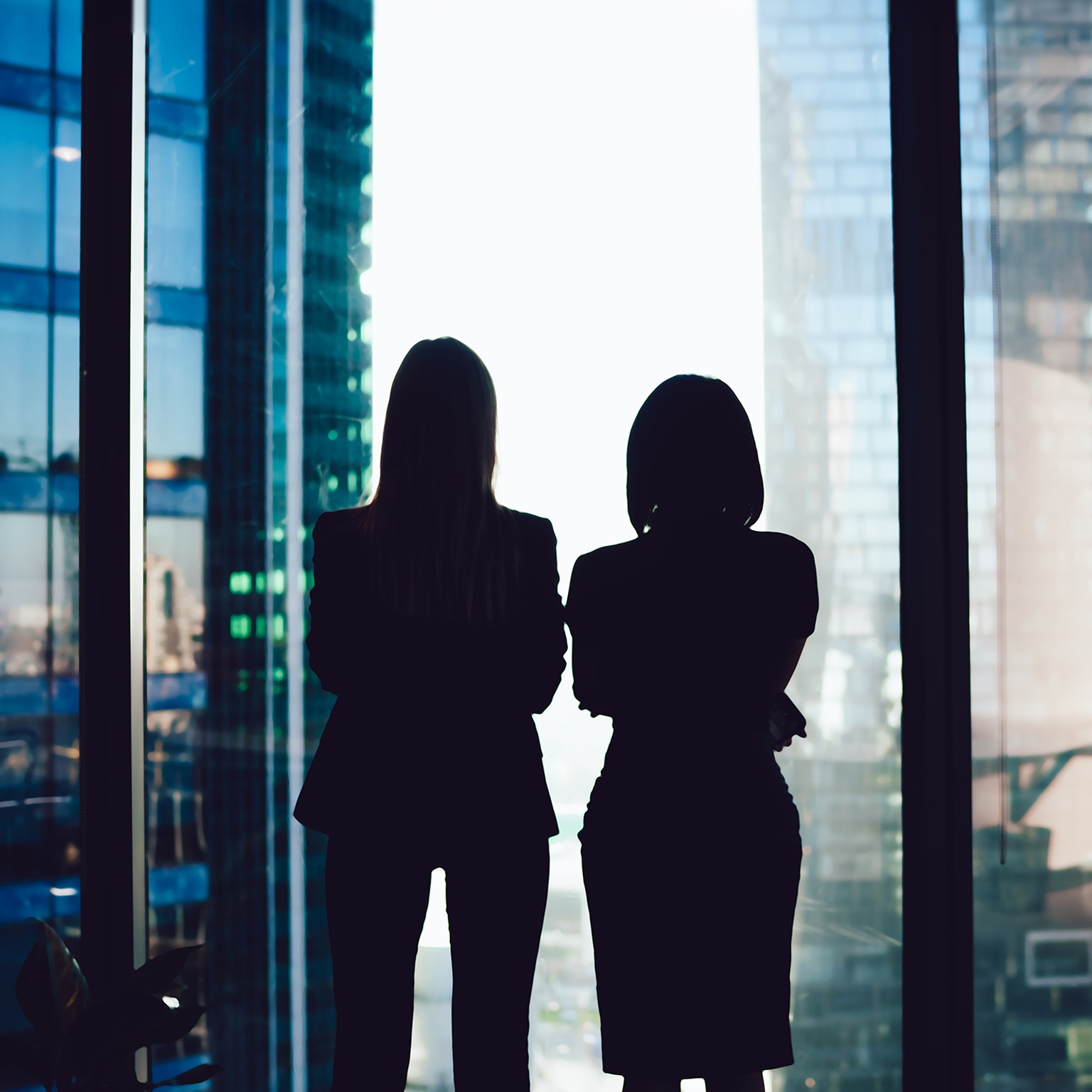 Back view of female colleagues in formal wear standing near window looking at modern exterior of skyscrapers in business center, silhouette of women together planning future success of brainstorming