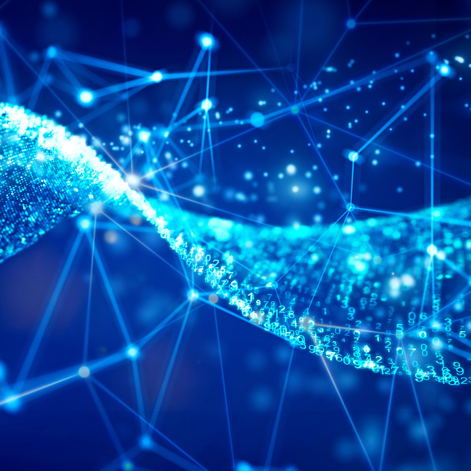 Glowing particle data and wire mesh network.