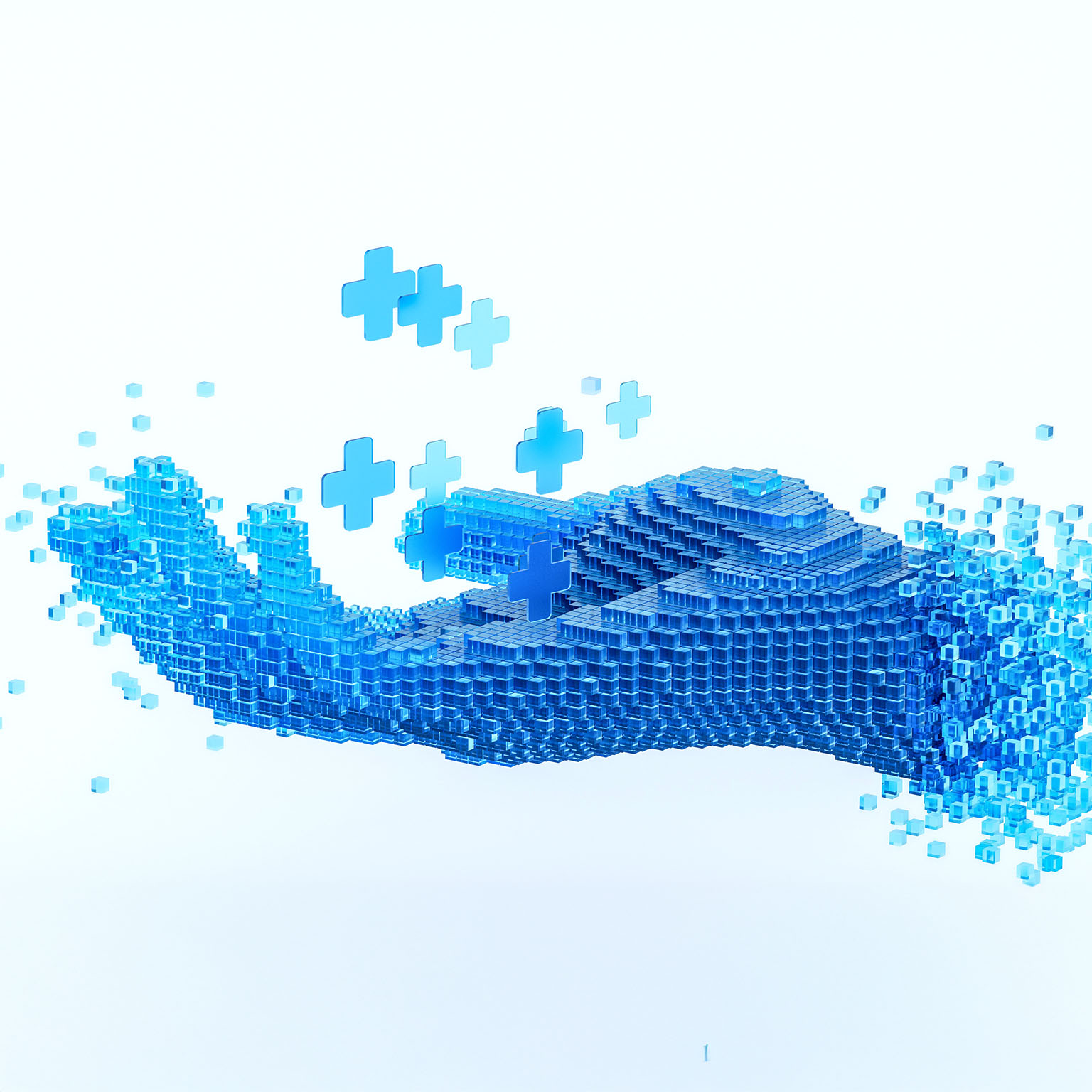 Cubes forming a human hand holding the healthcare plus symbol