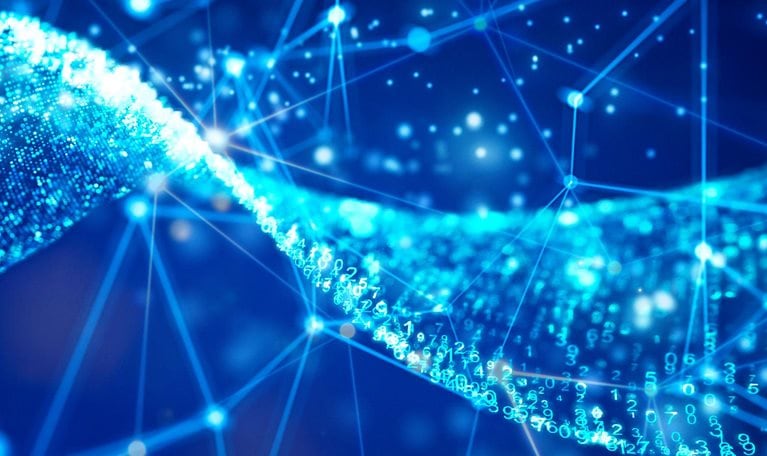 Glowing particle data and wire mesh network.