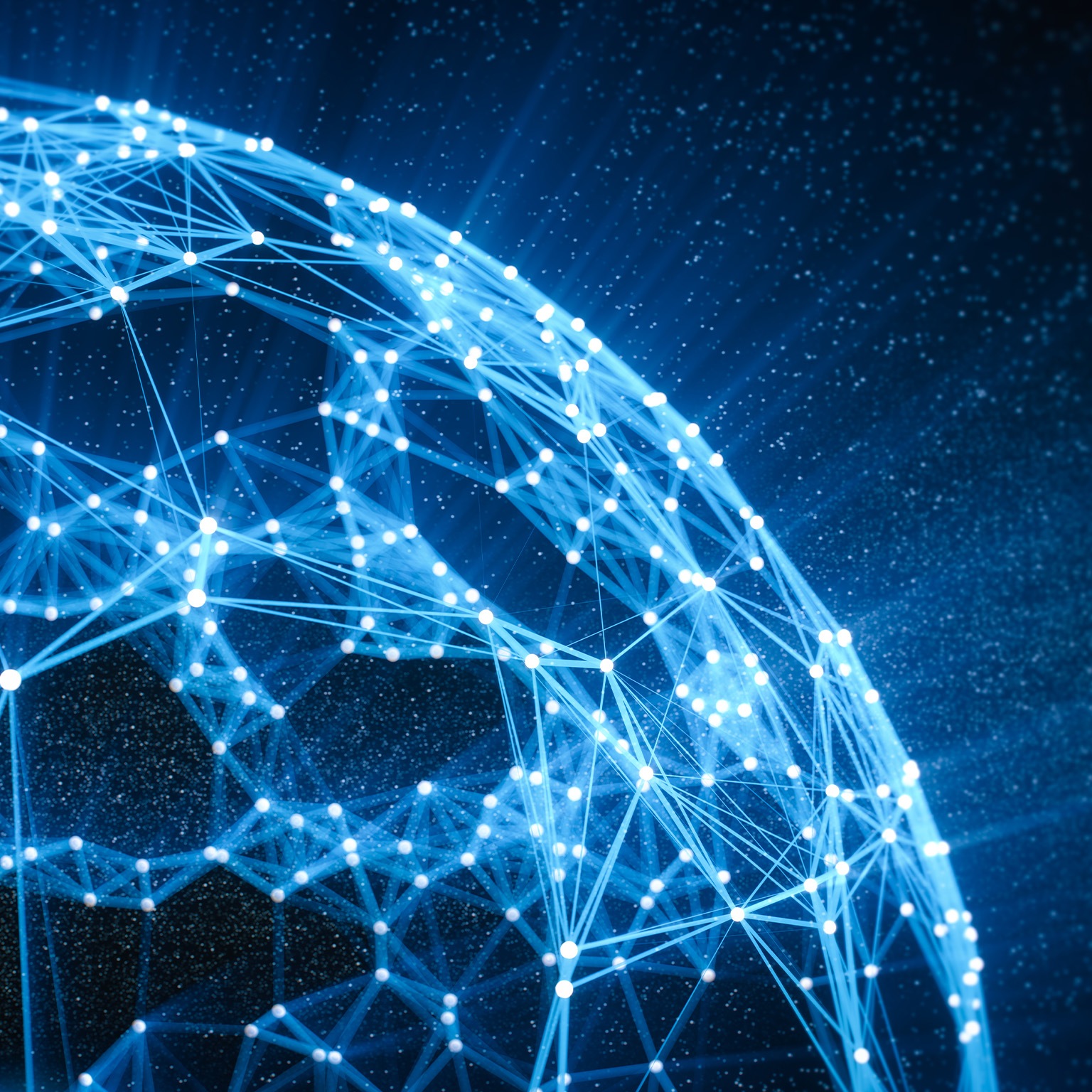 Outline of abstract global network--illuminated lines connected by glowing lines--against stars representing technology in the background. - stock photo