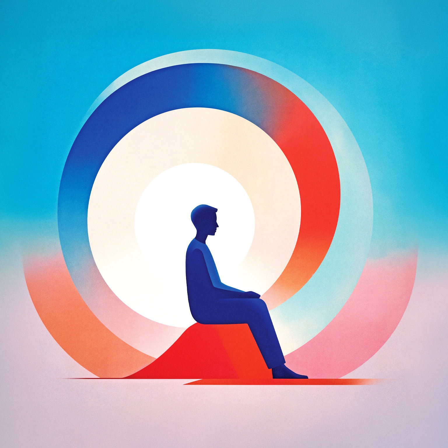 An illustration featuring the blue silhouette of a person sitting in profile against an abstract background. They are centered within large, swirling concentric circles of crimson, white, and blue, evoking a sense of calm and introspection.