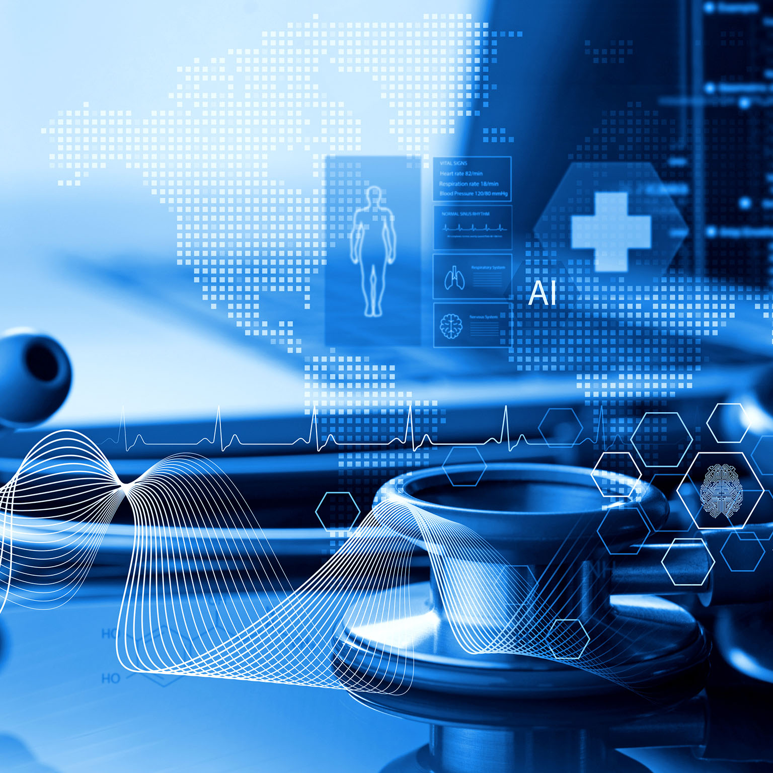 Stethoscope and laptop computer with medical technology symbols overlayed