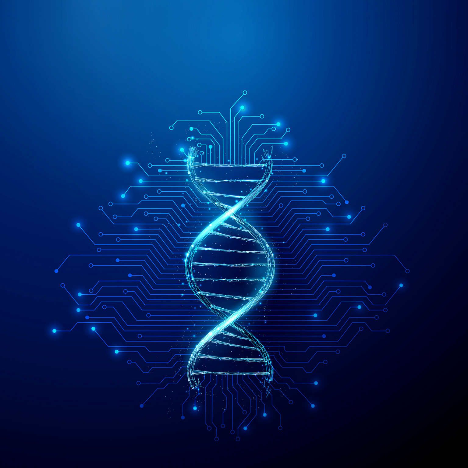 Futuristic DNA strand with electronic circuit lines