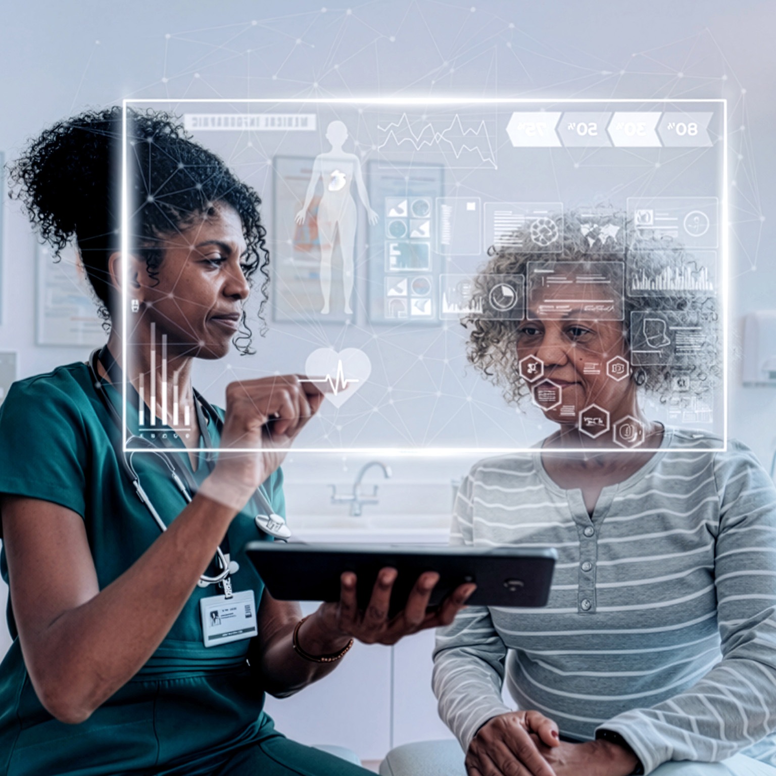 Nurse showing a patient medical data on a tablet with digital health interface overlays in a clinic.