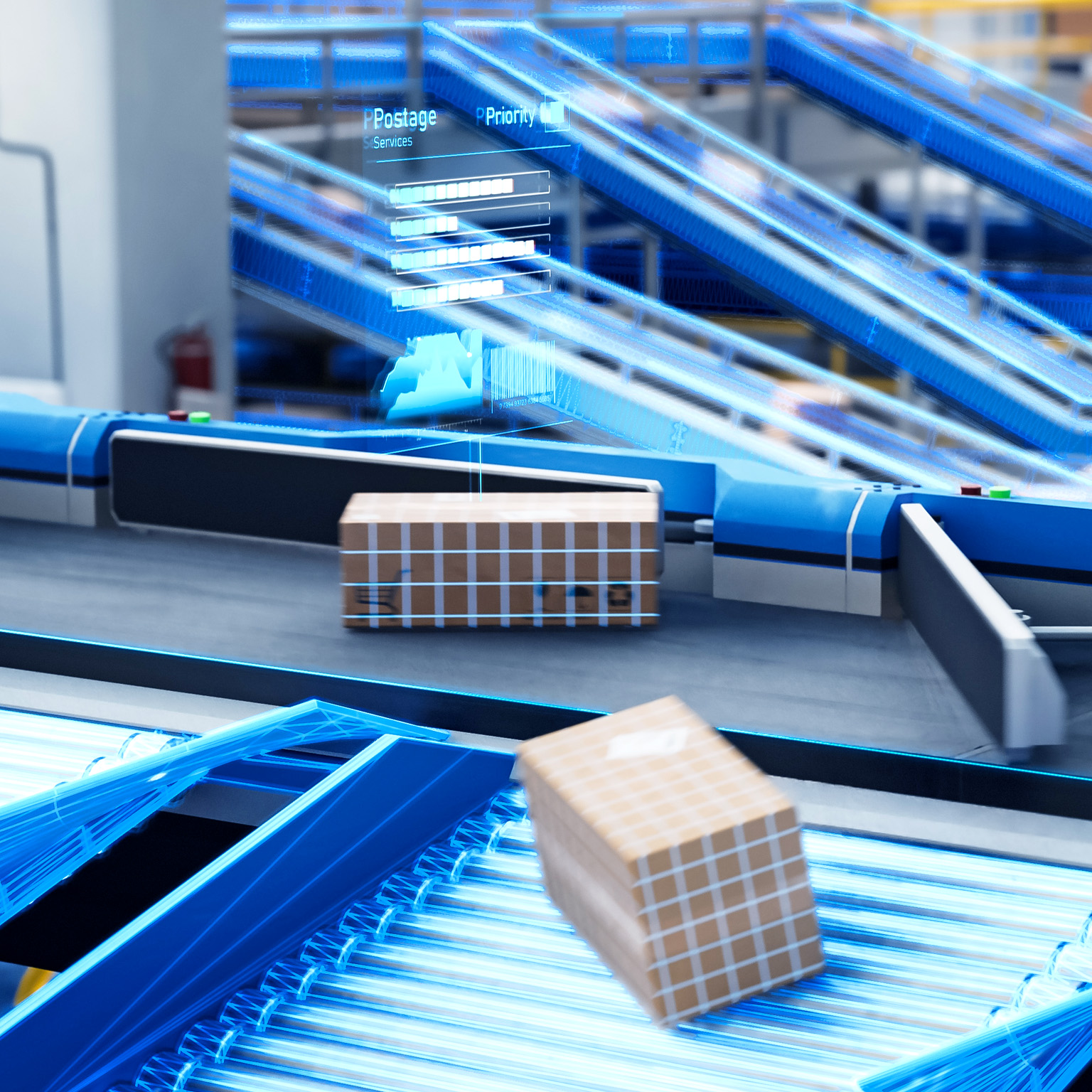 Packages move along conveyor belts in a warehouse setting, with multiple lines intersecting in an organized system. A digital overlay with glowing blue elements sits over the packages and rollers. 