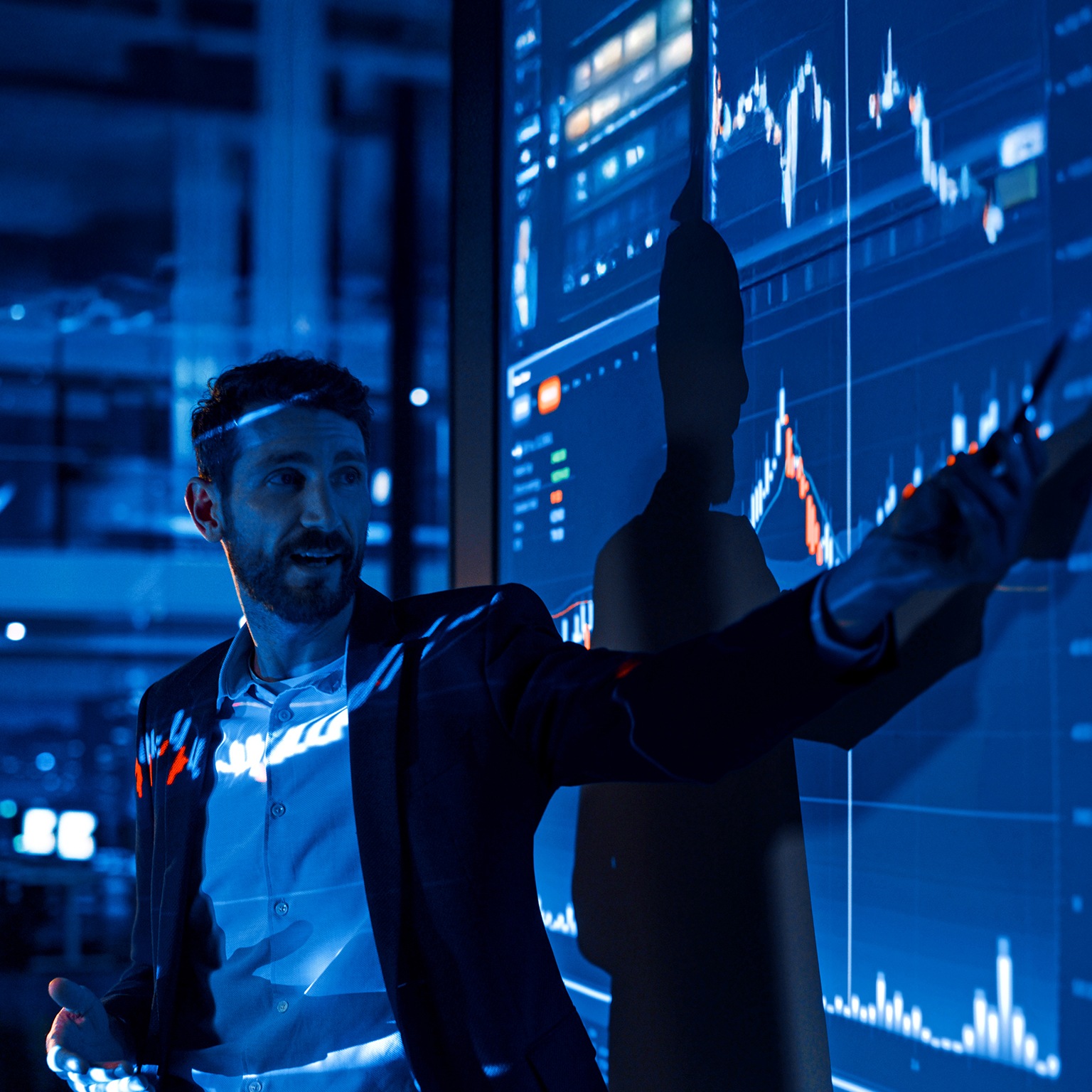 Business conference meeting presentation: Businessman does analysis talks to group of business people.