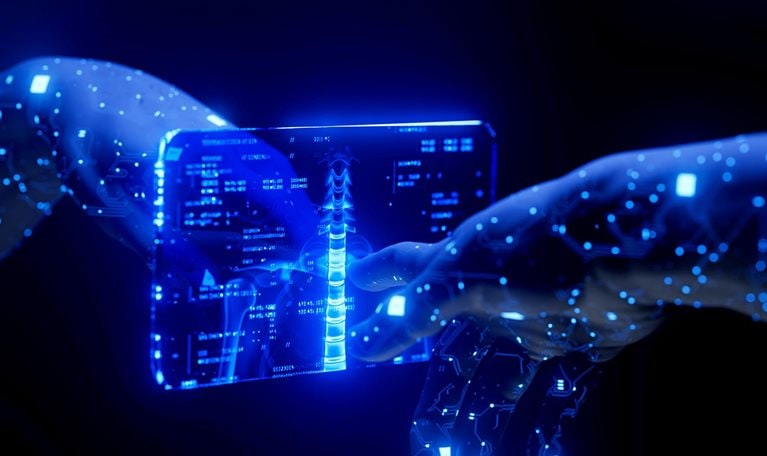 Two translucent hands interact with a futuristic, transparent screen displaying a glowing blue image of a human spine and medical data. The scene is dark, emphasizing the luminescence of the technology.