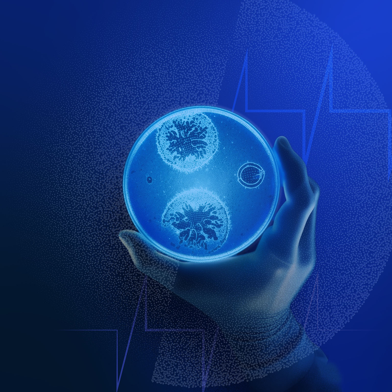 Abstract illustration of a gloved hand holding a glowing petri dish with cells, evoking scientific innovation and future growth in life sciences.