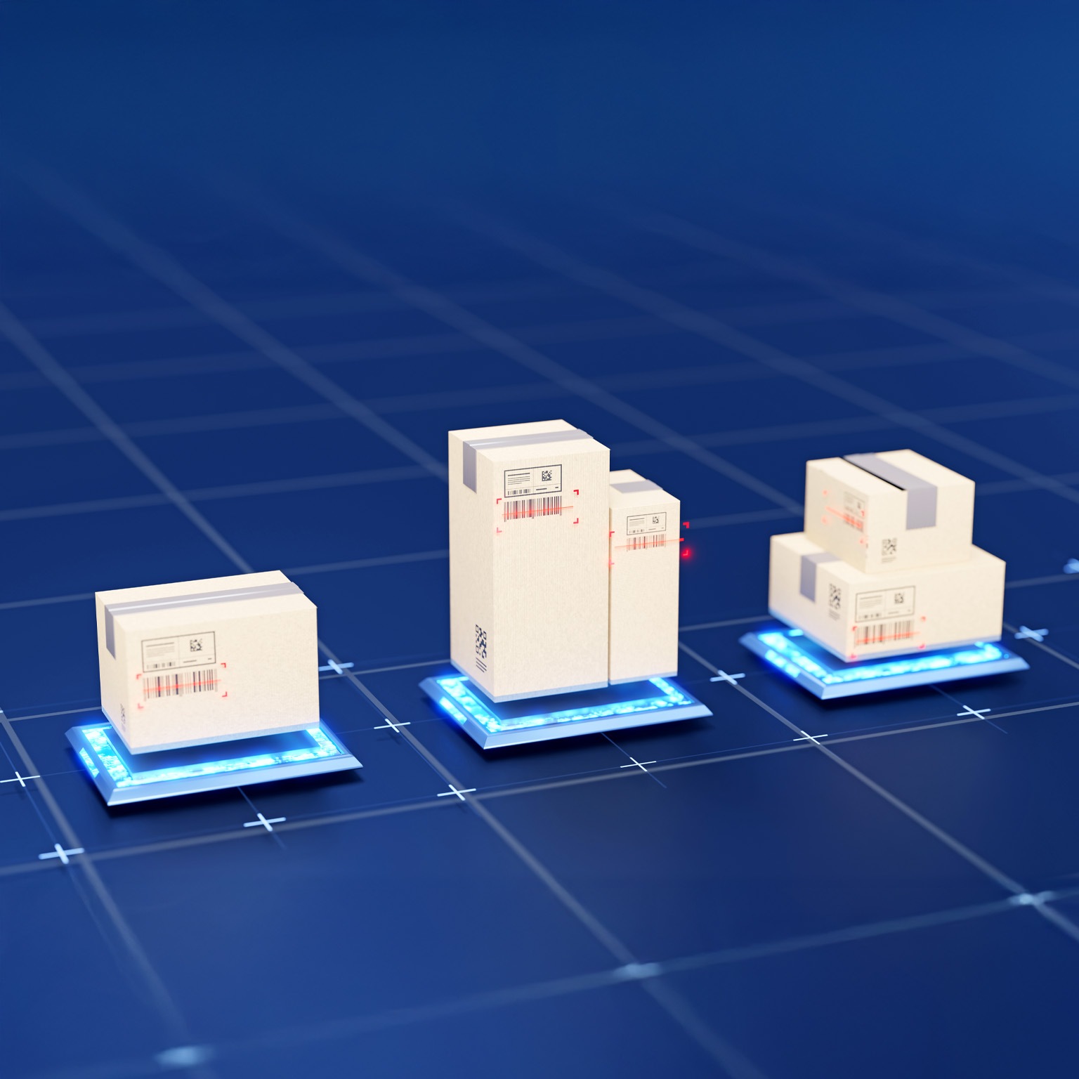 Three batches of cardboard shipping boxes placed on glowing blue platforms arranged across a grid-like digital surface. Red scanning indicators highlight barcodes on the boxes, suggesting an automated technology-driven logistics system.