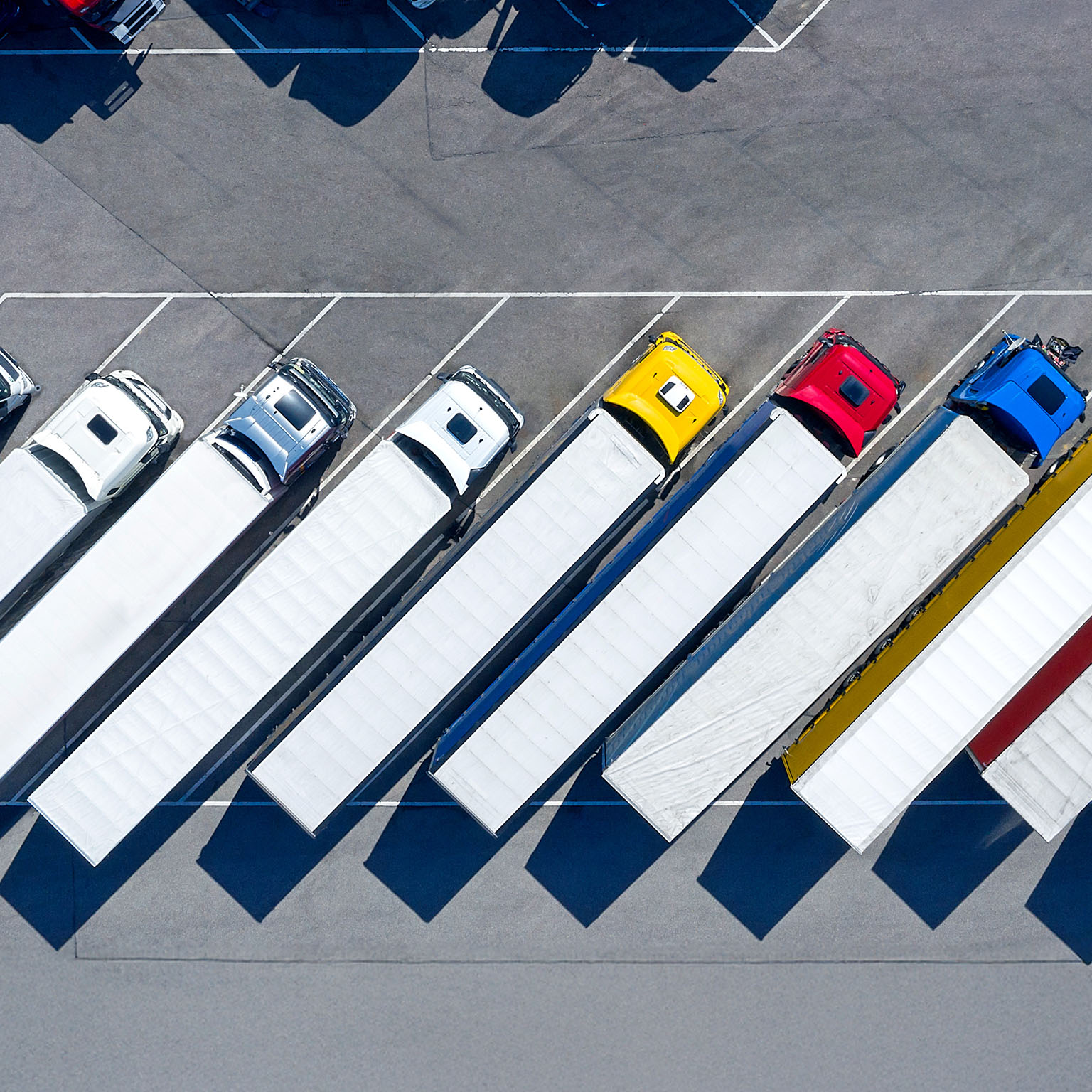 Large Group of Trucks at Truck Stop, Aerial View