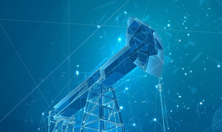 Oil derrick. vector 3d object. mining of minerals. abstract explosion of particles.