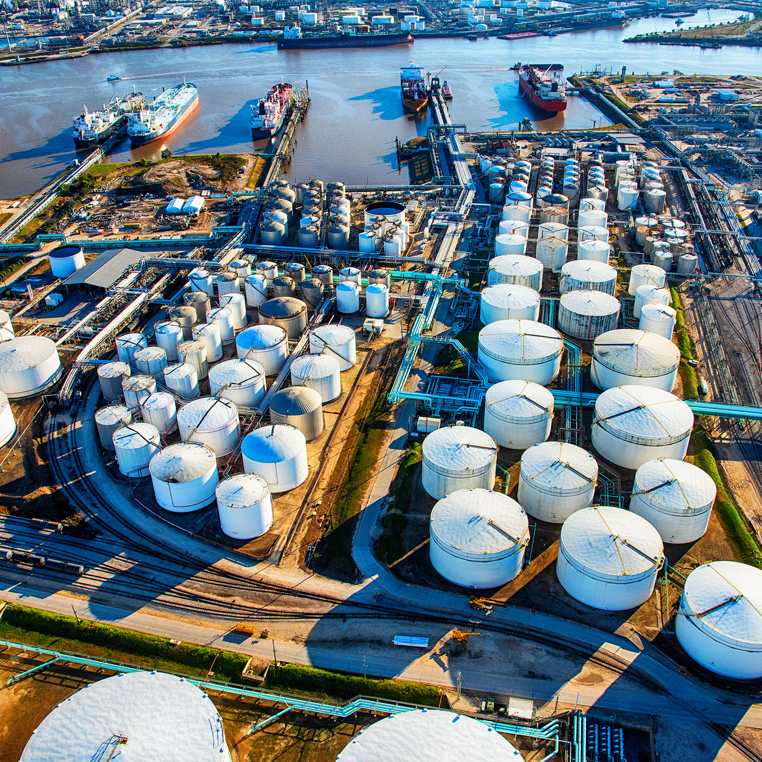 Aerial View of a Texas Oil Refinery and Fuel Storage Tanks - stock photo
