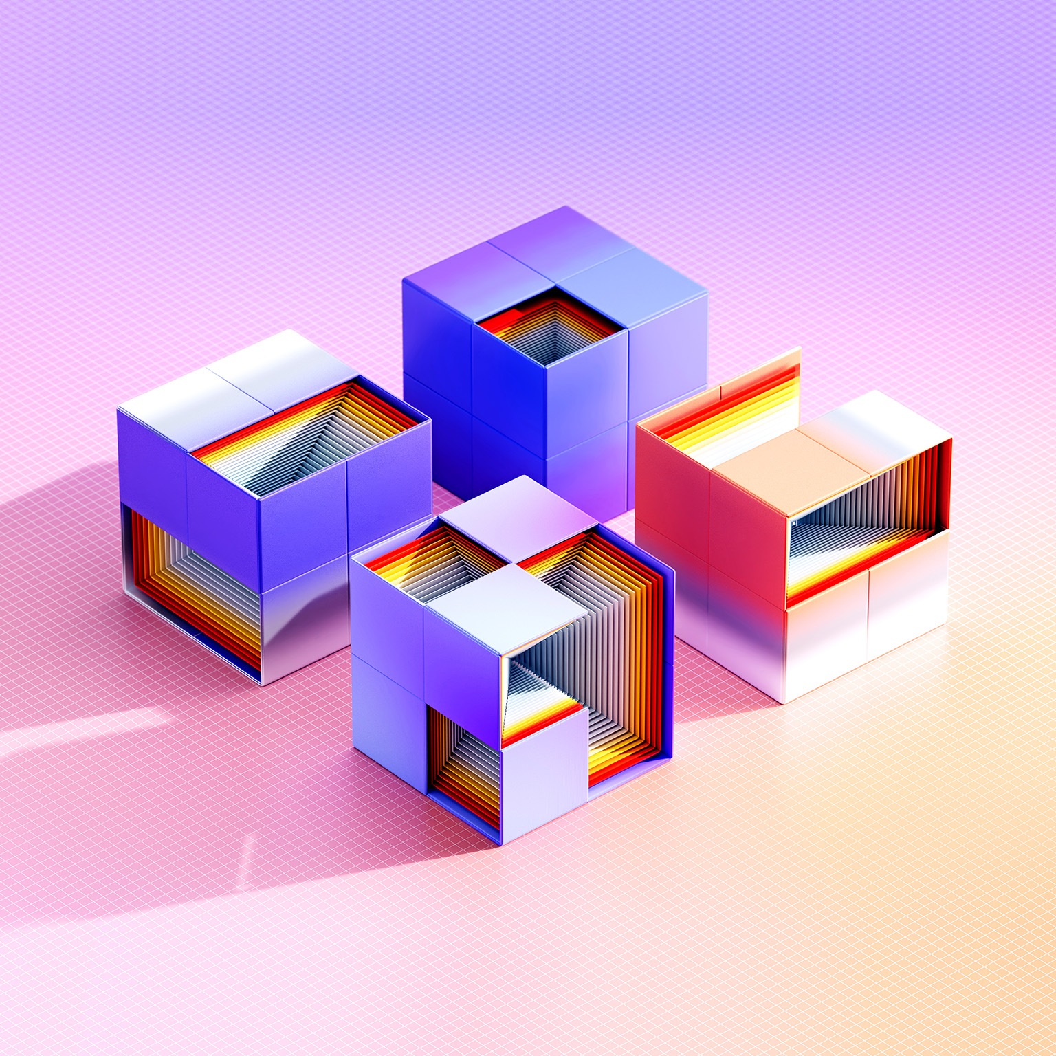 3D image of colorful futuristic cubes that have sections you can see into where there are nested cubes evolving inside.