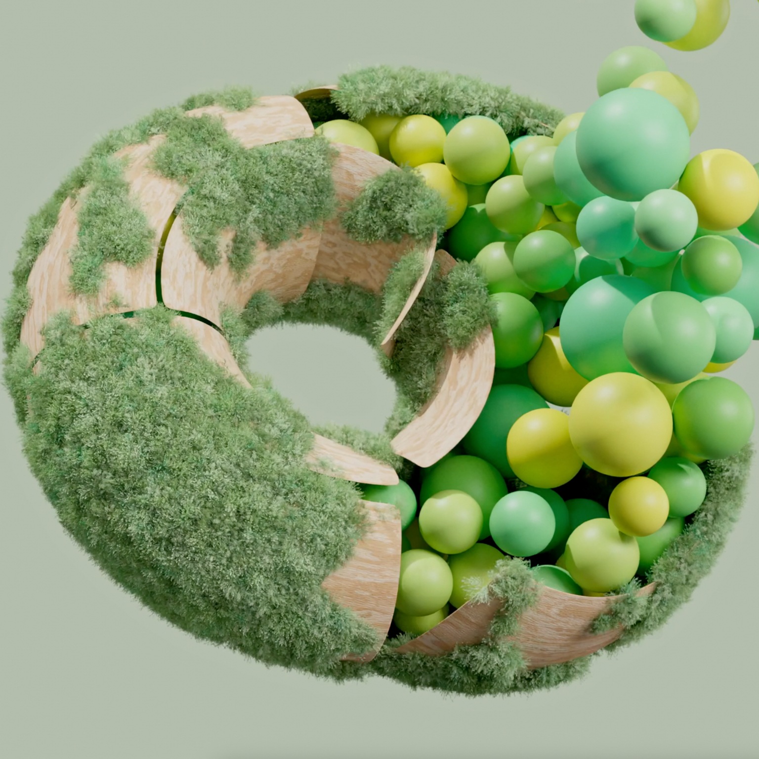  3D animation of a dynamic combination of organic and geometric forms. Connection between nature and data