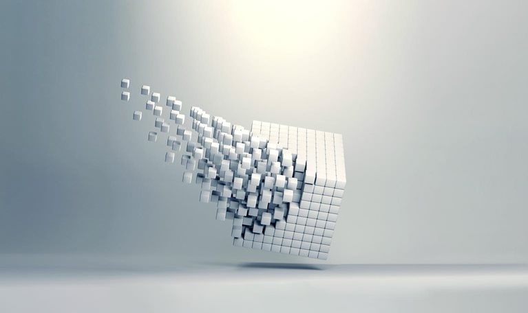 A 3D cube made up of multiple smaller cubes, one corner of the cube explodes outward in an organized but energetic manner.
