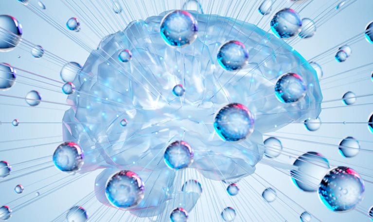 A glass brain with an energetic array of crystal orbs and rays radiating from it.