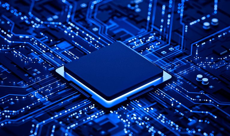 A close-up, futuristic rendering of a microchip at the center of an illuminated circuit board. Glowing blue lines radiate outward like intricate pathways, highlighting the flow of data and electronic connectivity.