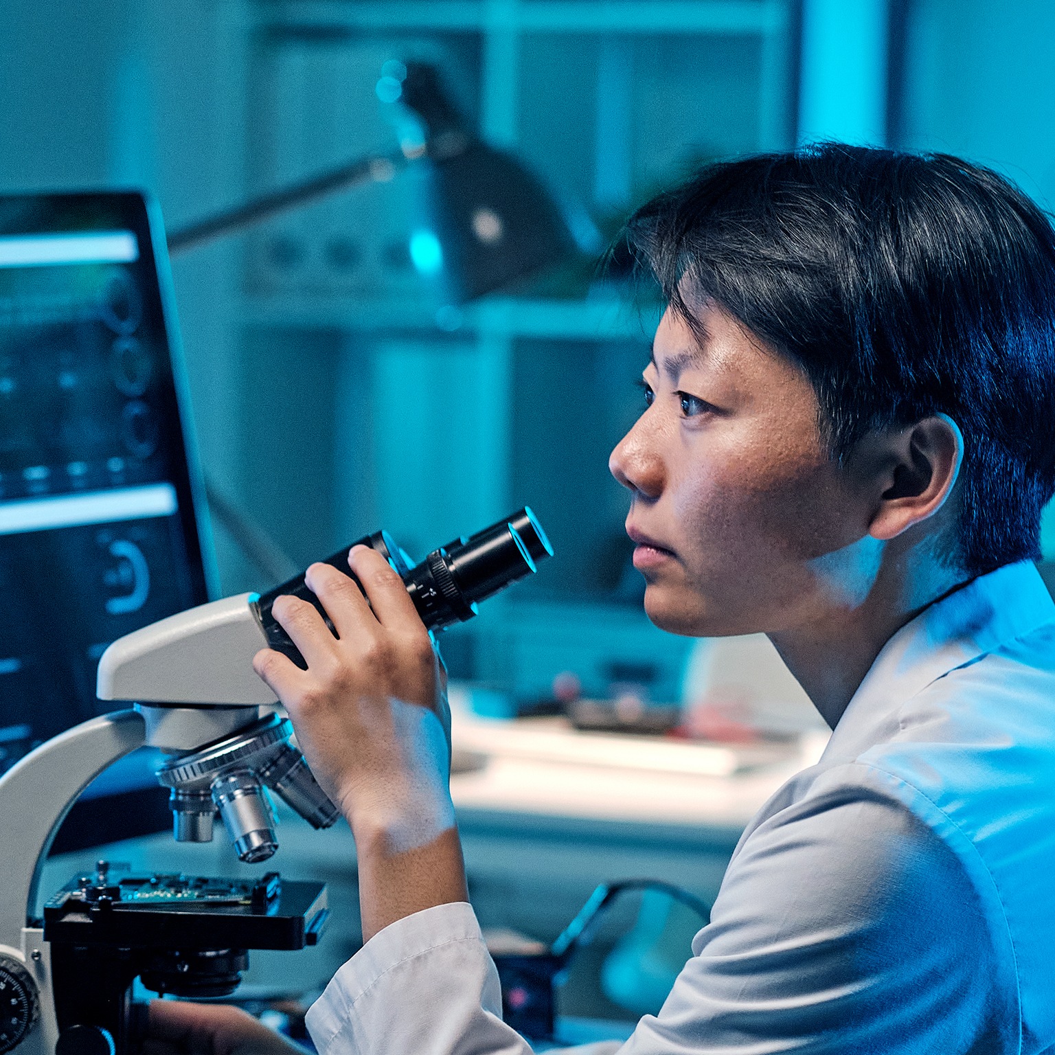 Young serious female scientist looking at computer screen