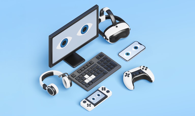 This image is a 3D isometric illustration of a modern gaming setup. It includes the following items: A desktop monitor showing an eye icon. A gaming headset and VR headset. A wireless gamepad and keyboard. A handheld gaming console.