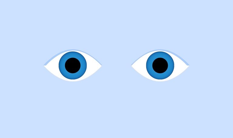 Two minimalist-style eyes on a light blue background. The eyes have white sclera, blue irises, and black pupils, giving them a simple, graphic appearance.
