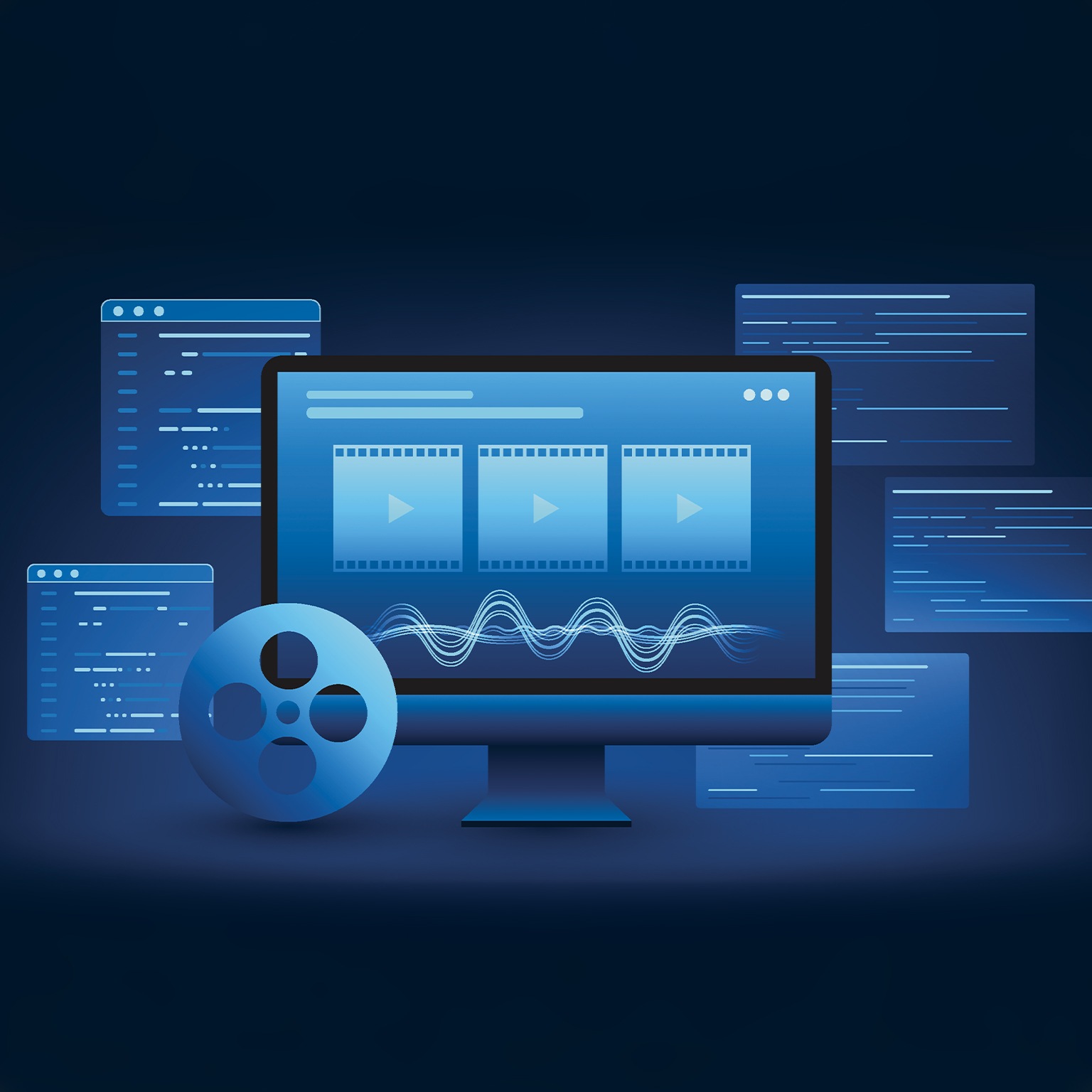 Computer screen showing the workings of AI in generating video, with program code behind it, representing the process of automatically creating videos with Generative AI, processing, and creativity.