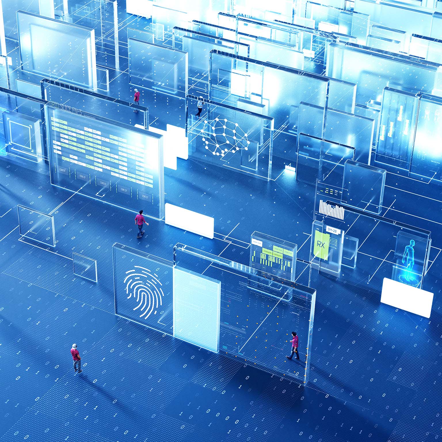 People walk among large floating digital interfaces displaying data, diagrams, and biometric visuals in a futuristic, technology-driven virtual environment.