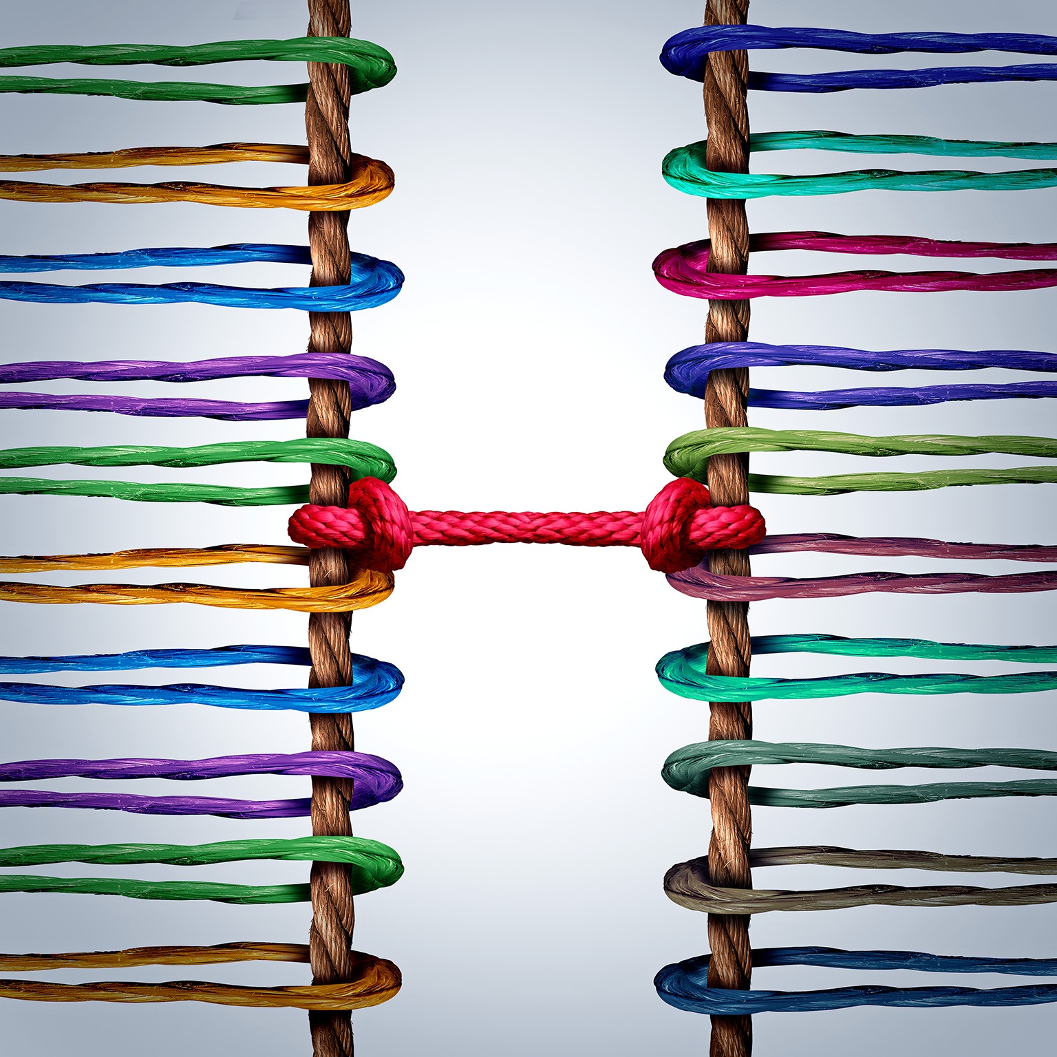 Image of two groups of ropes linked and tied together by a central rope as symbolizing connection and mediation between groups.