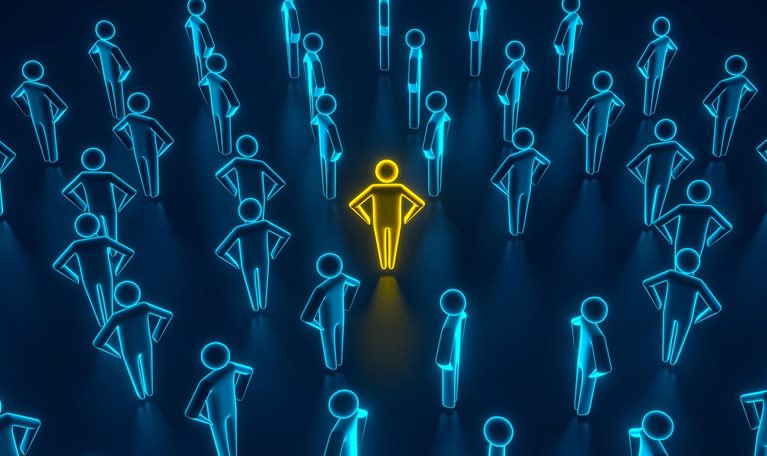 3D illustration of a leader standing in the middle of a successful team of workers