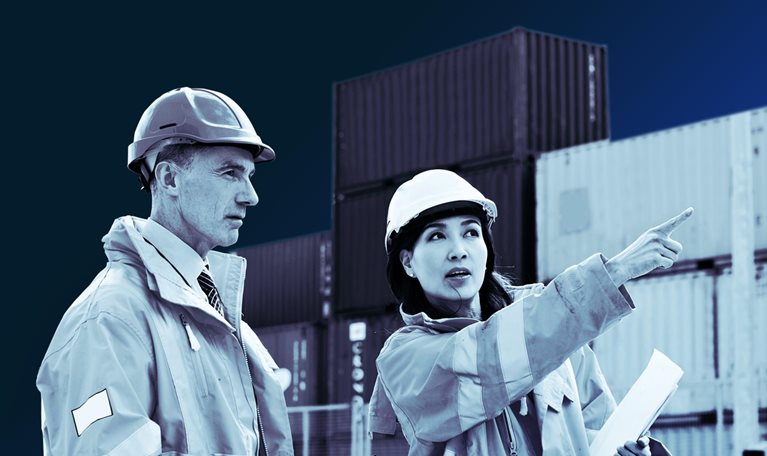 Two dock workers talking together while standing in a dockyard