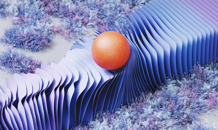 This image features a vibrant, abstract composition dominated by undulating, wave-like structures surrounding by growing plants. The purple waves represent the flow of data in a digital network, with the orange sphere symbolizing a key node or an important packet of information traveling through the system. The soft, moss-like elements represent cloud storage or areas of low activity, providing a dreamy, ethereal backdrop to the constant movement of data.