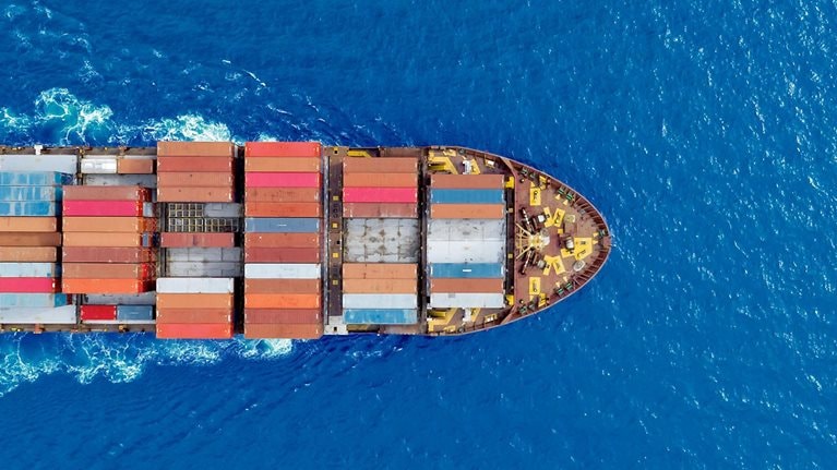Aerial top view container ship runing have wave in green sea, bangkok, thailand. - stock photo