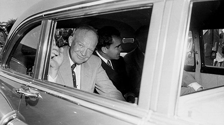 Photograph of General Dwight D. Eisenhower, the Republican nominee for President, in a limousine at Washington National Airport with his running mate, Senator Richard M. Nixon of California.