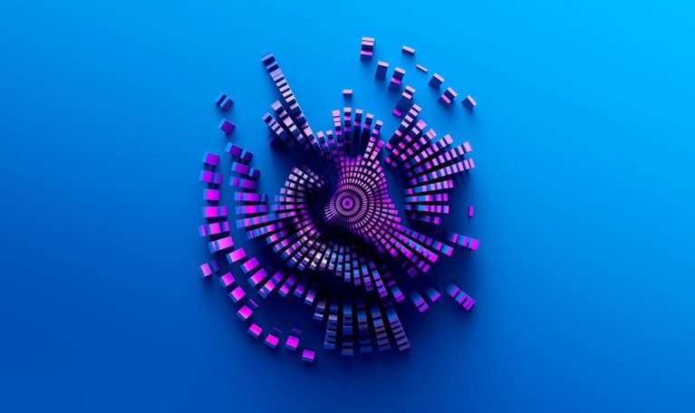 An abstract image of 3d geometric blocks forming a geographic type shape in a wavy dynamic pattern.