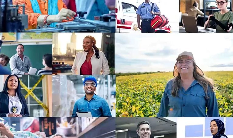 A video collage features a diverse array of people engaged in various professions and daily activities, including healthcare, manufacturing, education, technology, sports, and caregiving. The video is comprised of two mosaic scenes, each beginning in black and white and transitioning to color, thereby highlighting the message of enhancing workplace health.