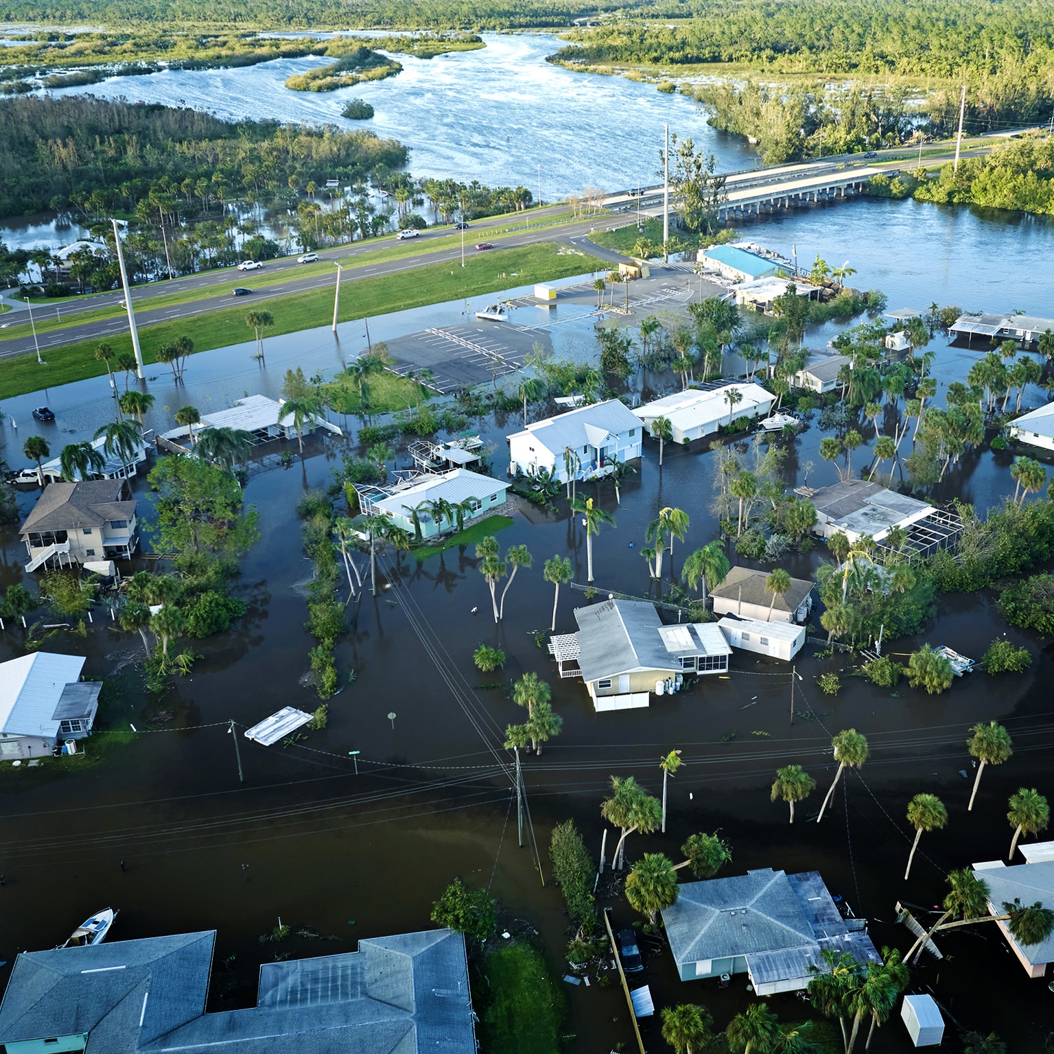 An aerial perspective of a heavily flooded Florida neighborhood next to a river after Hurricane Ian.