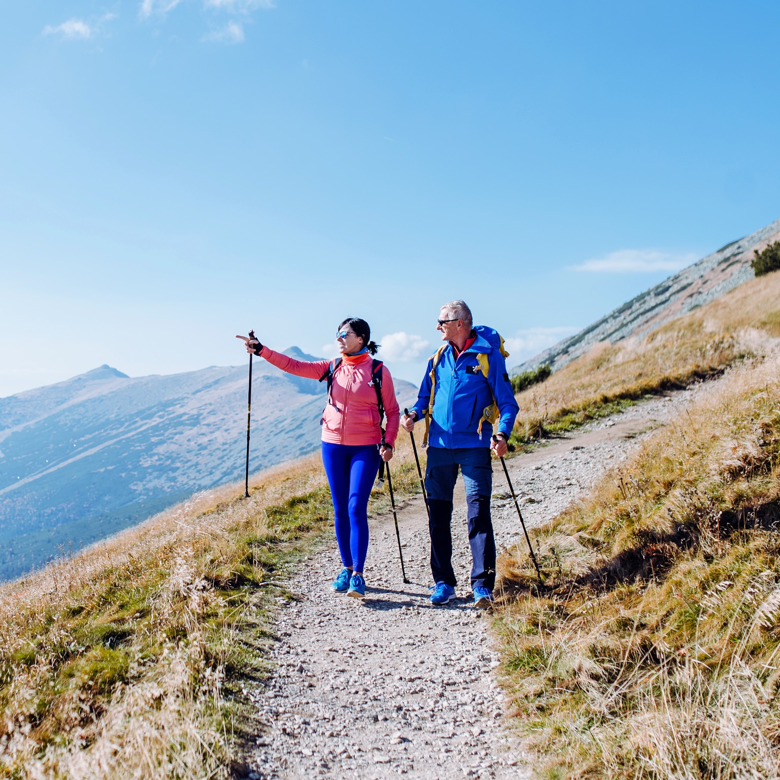Two people hiking along a narrow mountain trail, using trekking poles as they walk through a grassy, sloping landscape. One of them is pointing toward the distant peaks under a clear blue sky, suggesting they’re discussing the route or admiring the view.
