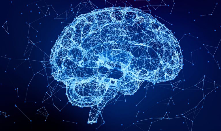 Abstract illustration of a glowing wireframe brain made of interconnected blue lines and nodes against a dark blue background.
