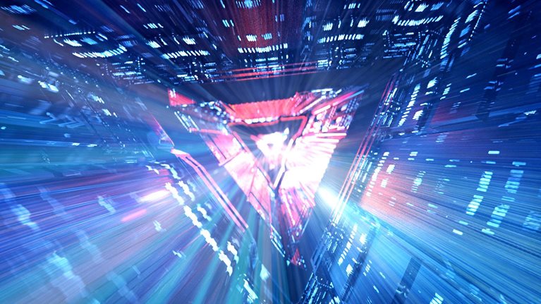 Abstract image of a triangle shape tunnel with light speed motion.