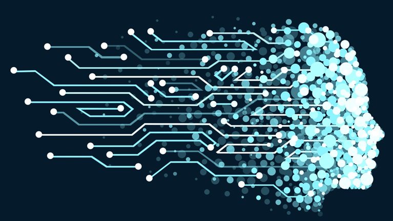 A illustration of a face made of digital particles as symbol of artificial intelligence