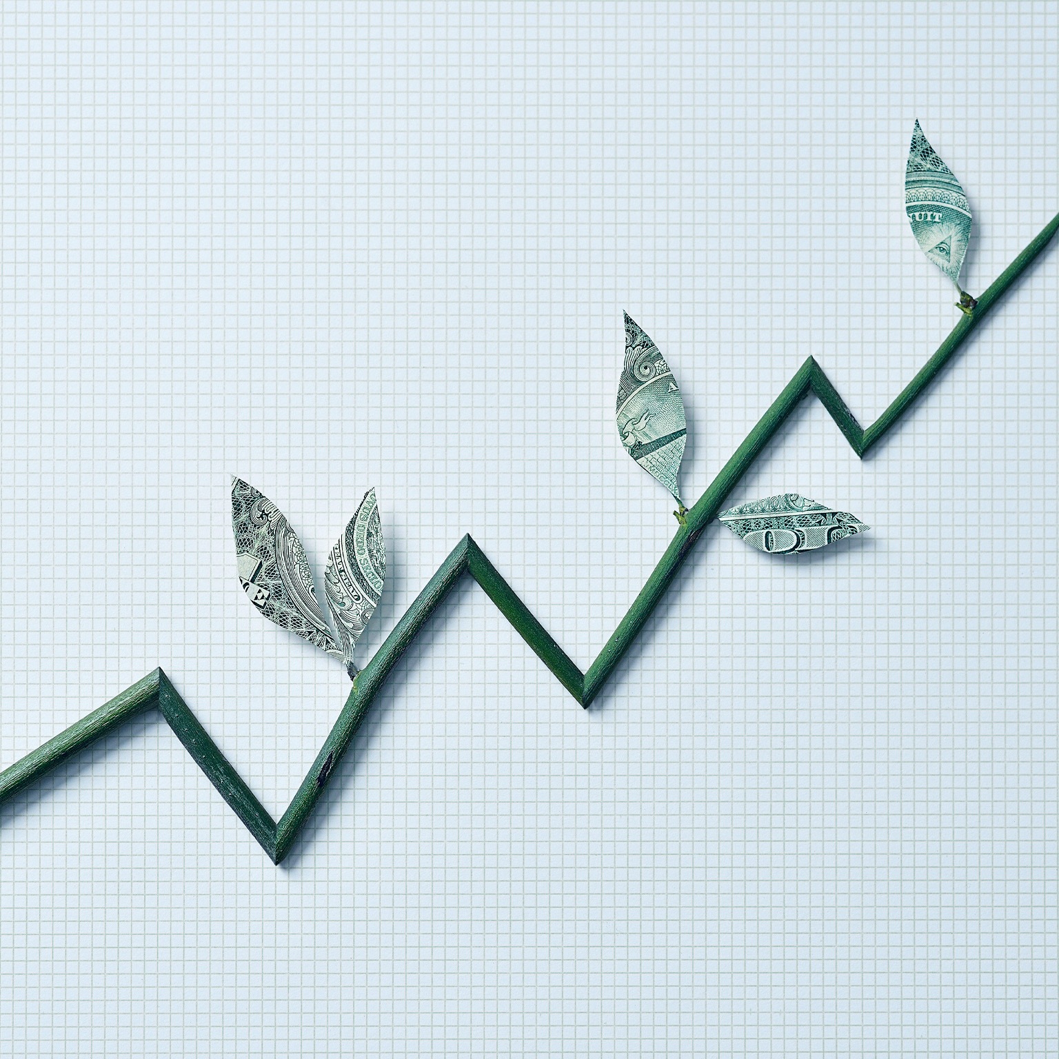 Leaves growing from a staggering graph going upward