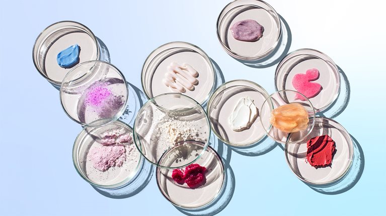 Top view of numerous petri dishes with various cosmetics in them.