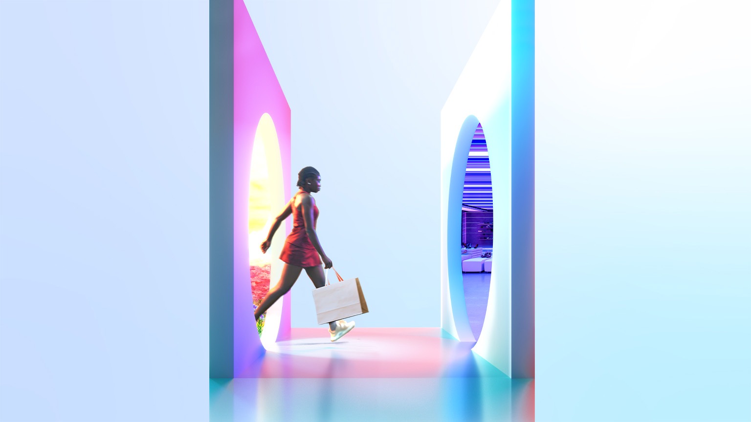 Conceptual image of a person carrying a shopping bag and walking from one circular portal, with a brightly colored outside scene visible inside it, towards another portal, this one containing a neon-lit futuristic store.