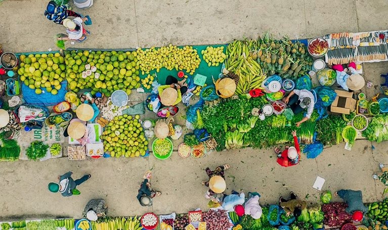 Aerial scene of a rural market in Vi Thanh city