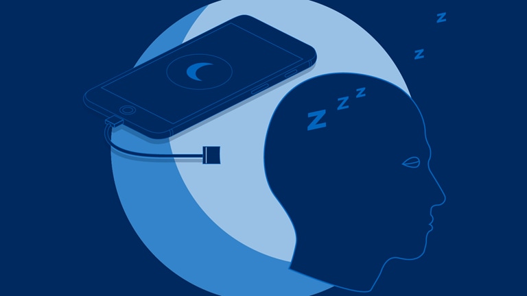 Image of a cell phone and a person at sleep